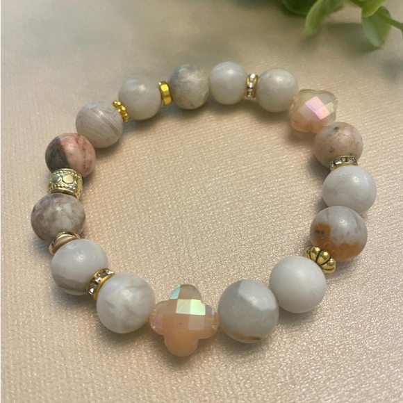 Cream Marble Agate BeadedBracelet with Gold Accents - 12mm Gemstones Stretch - Picture 1 of 4